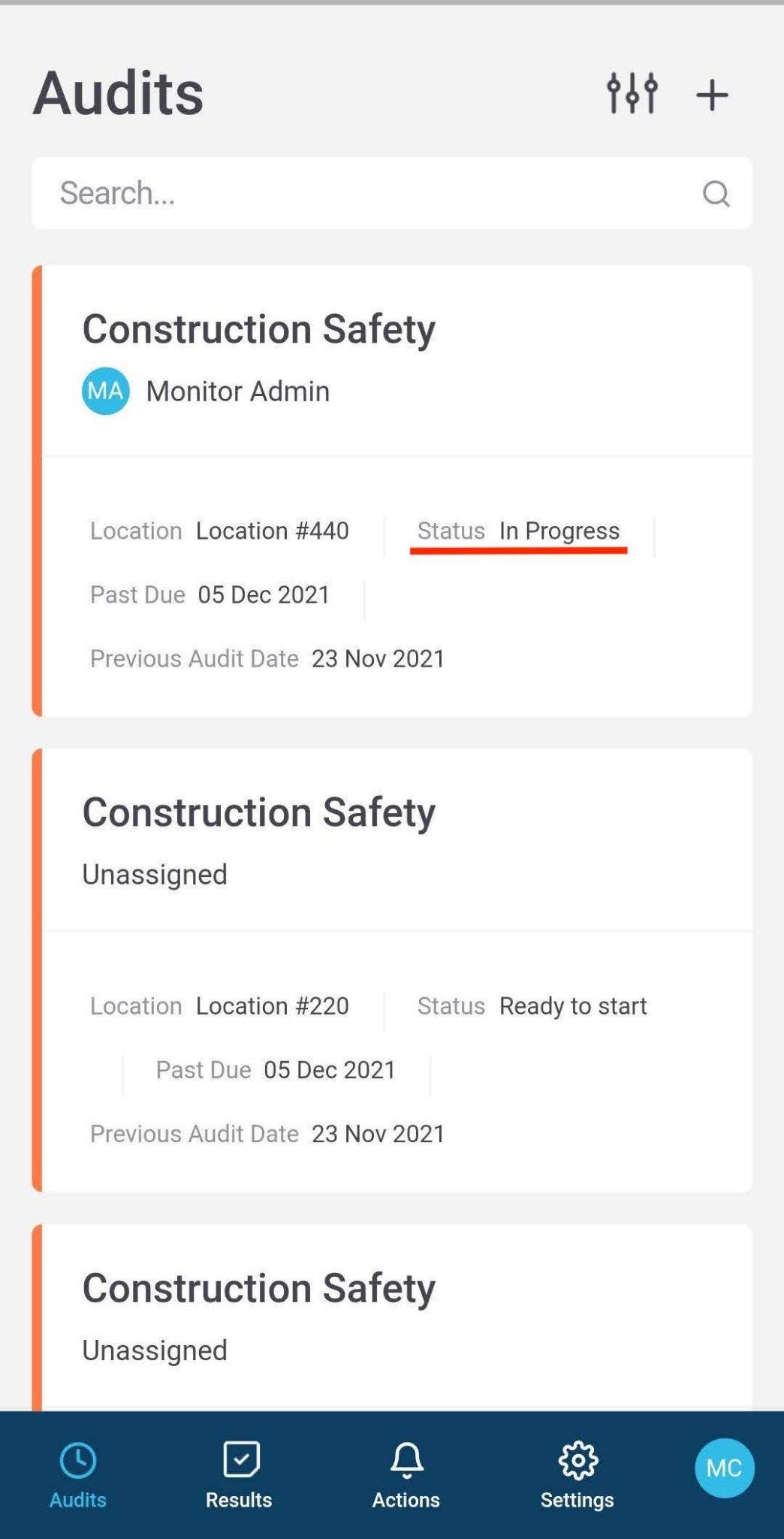 monitorQA - Mobile app - The list of audits
